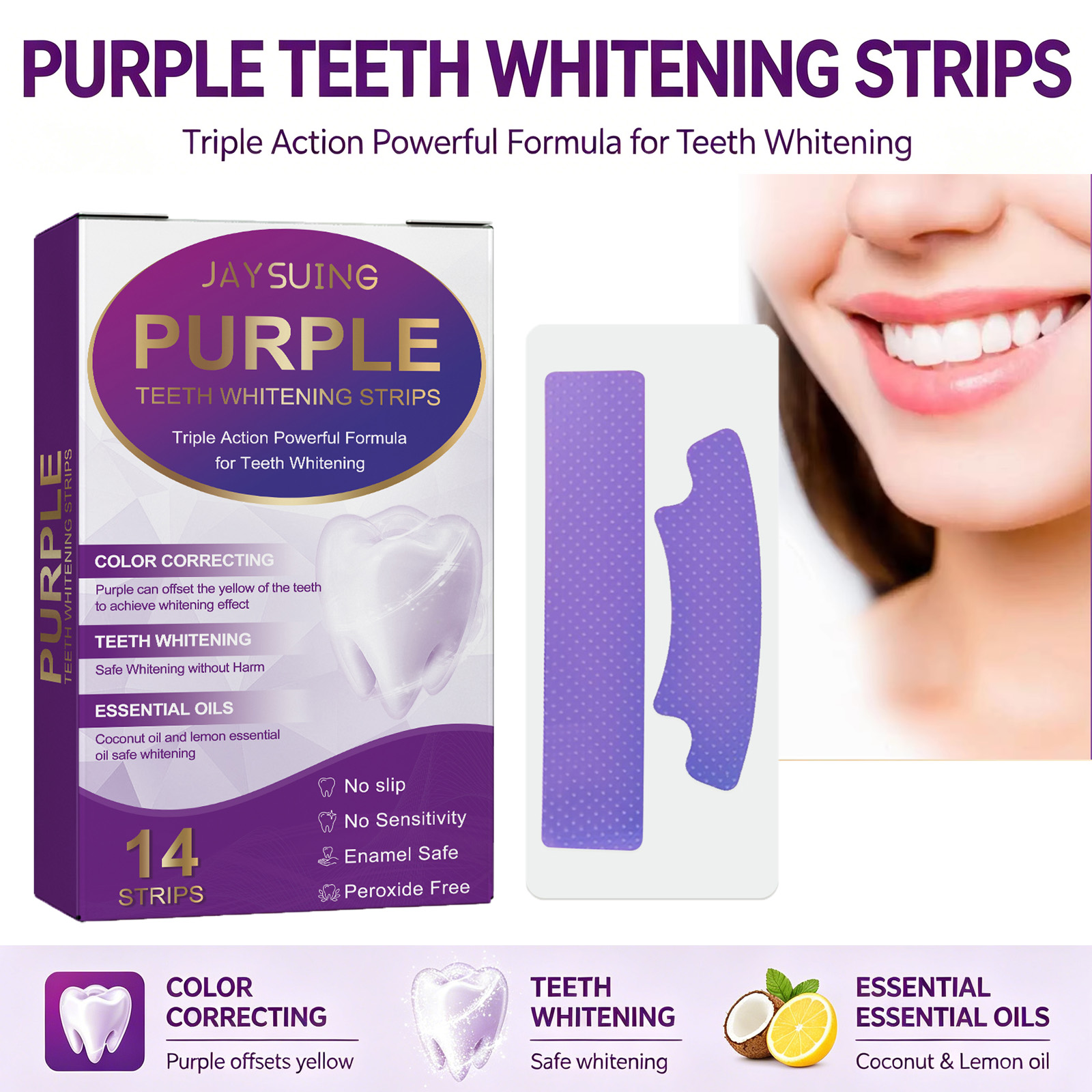 Teeth Whitening With Coconut Oil - 紫色の歯のホワイトニングストリップは、歯の汚れを除去し、口腔衛生ケアを提供します。自宅で明るい笑顔を実現するための歯のホワイトニングです。