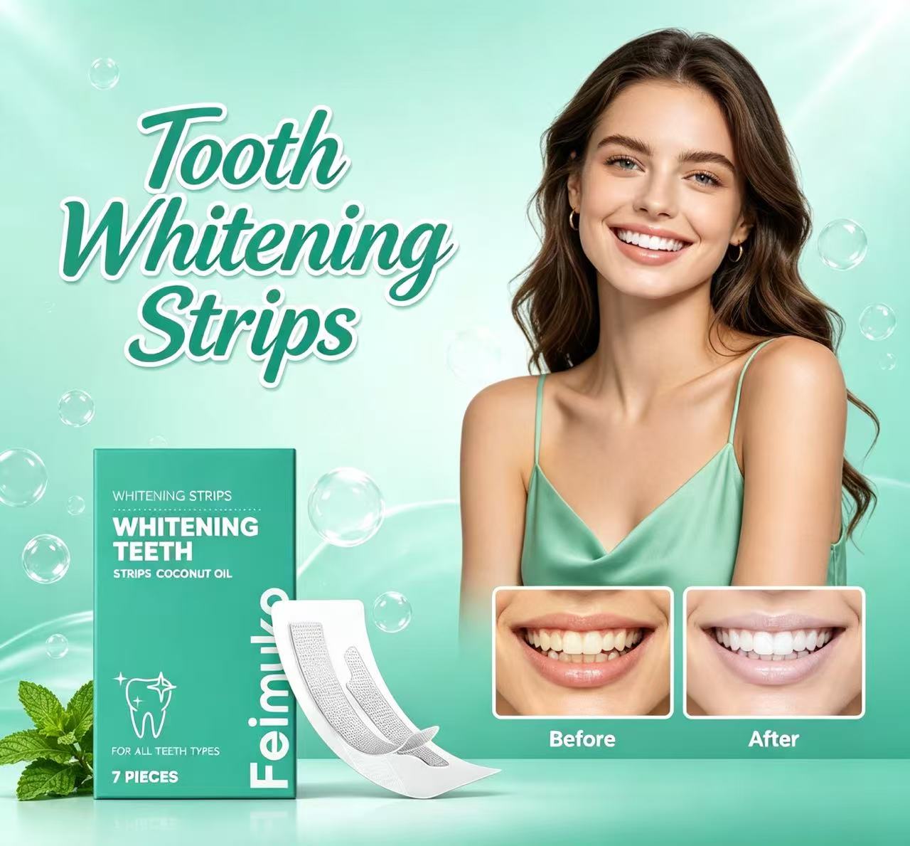 Teeth Whitening With Coconut Oil - ココナッツオイル配合の歯のホワイトニングストリップは歯に優しく、表面の汚れを軽減し、あらゆる歯のタイプに快適にフィットします。自宅でのオーラルケアに最適です。